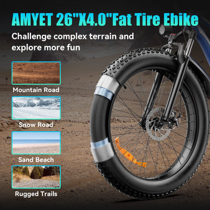 AMYET EB26 Electric Bike for Adults, 26*4.0 Fat Tire E-Mountain Bicycle,Peak 1500W Motor 48V 15Ah 7-Speed Ebike UL2849