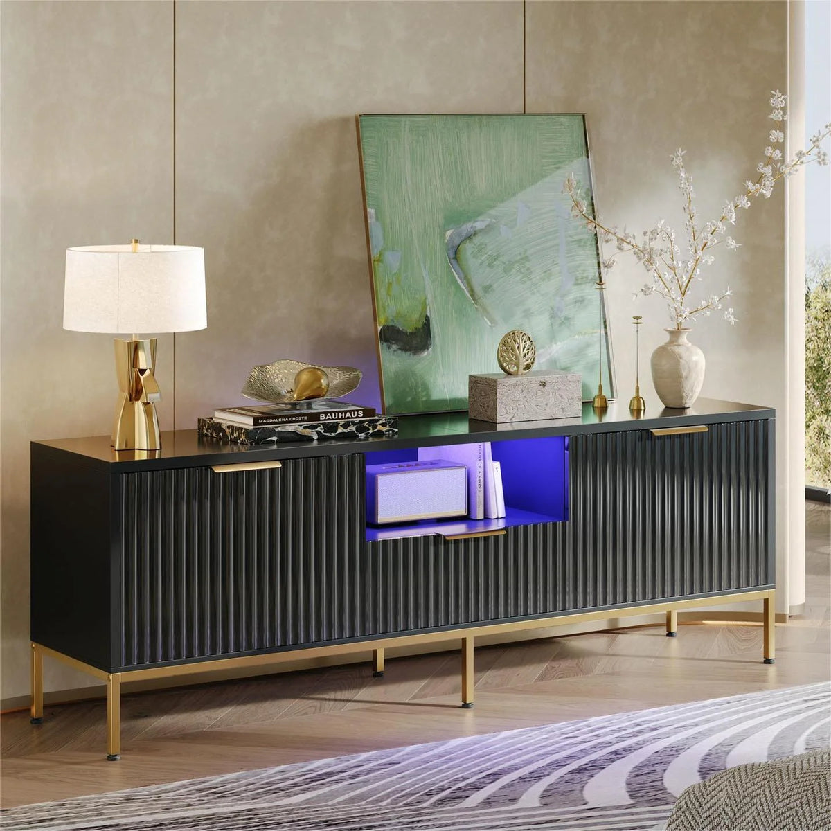 Bestier 55" LED TV Stand for TVs up to 60" Modern High Gloss Entertainment Center with Drawers Cabinets Fluted TV Console, White & Gold