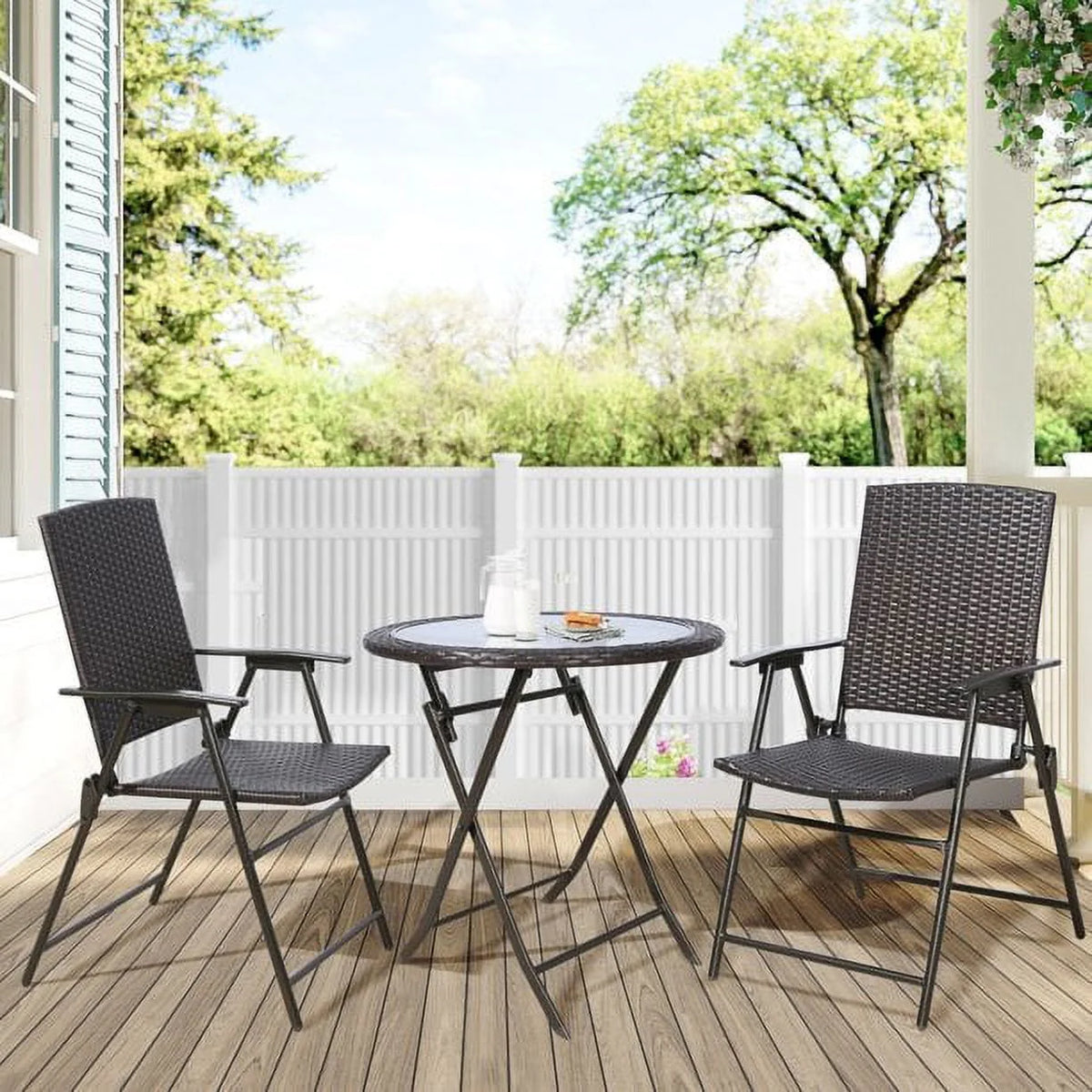 Ulax Furniture 3 Pieces Wicker Folding Bistro Set, Balcony Table and Chairs Sets, Garden Backyard Furniture