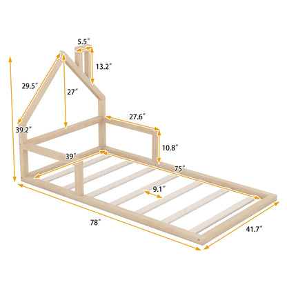 Euroco Twin Size Wood Floor Bed for Kids Room, Toddler House Bed, Natural