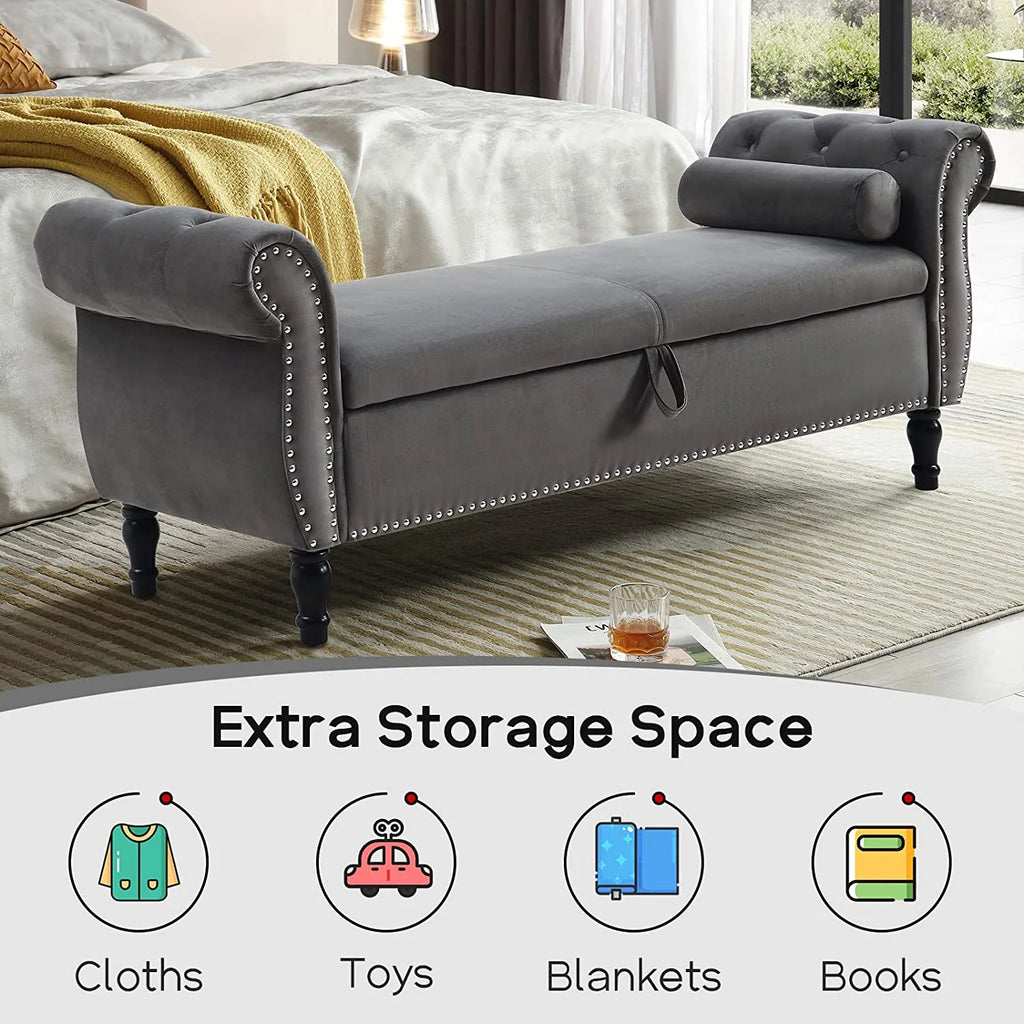 Sumdeal 43.5" Storage Ottoman Bench with 250lb Seating, Linen Upholstered Wood Legs Safety Hinge Flip Top Oval Foot Rest Long Stool for Sofa Couch Bedroom End of Bed Living Room Entryway, White