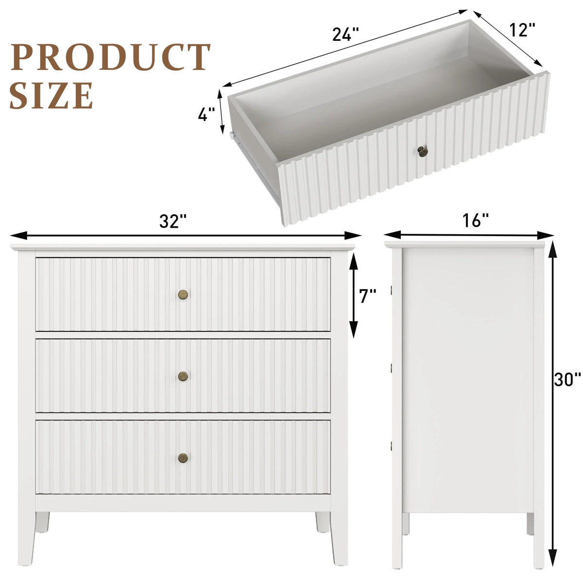 May Color Large White 3 Drawer Dresser Set of 2 with Fluted Panel, Modern Chest of Drawers with Silent Slide Drawers, Wood Accent Nightstand with Storage for Bedroom Living Room, Hallway