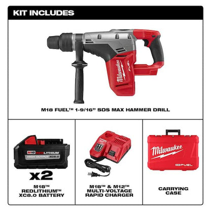 M18 FUEL 18V Lithium-Ion Brushless Cordless 1-9/16 in. SDS-Max Rotary Hammer Kit w/ Two 8.0Ah Batteries & Hard Case