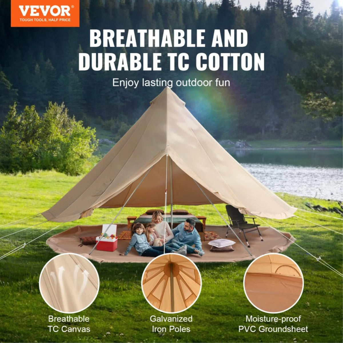 12-Person Waterproof Canvas Glamping Bell Tent with Stove Jack, Detachable Side Wall, Ideal for Family Camping (23'x23'x137, Diameter 7M)