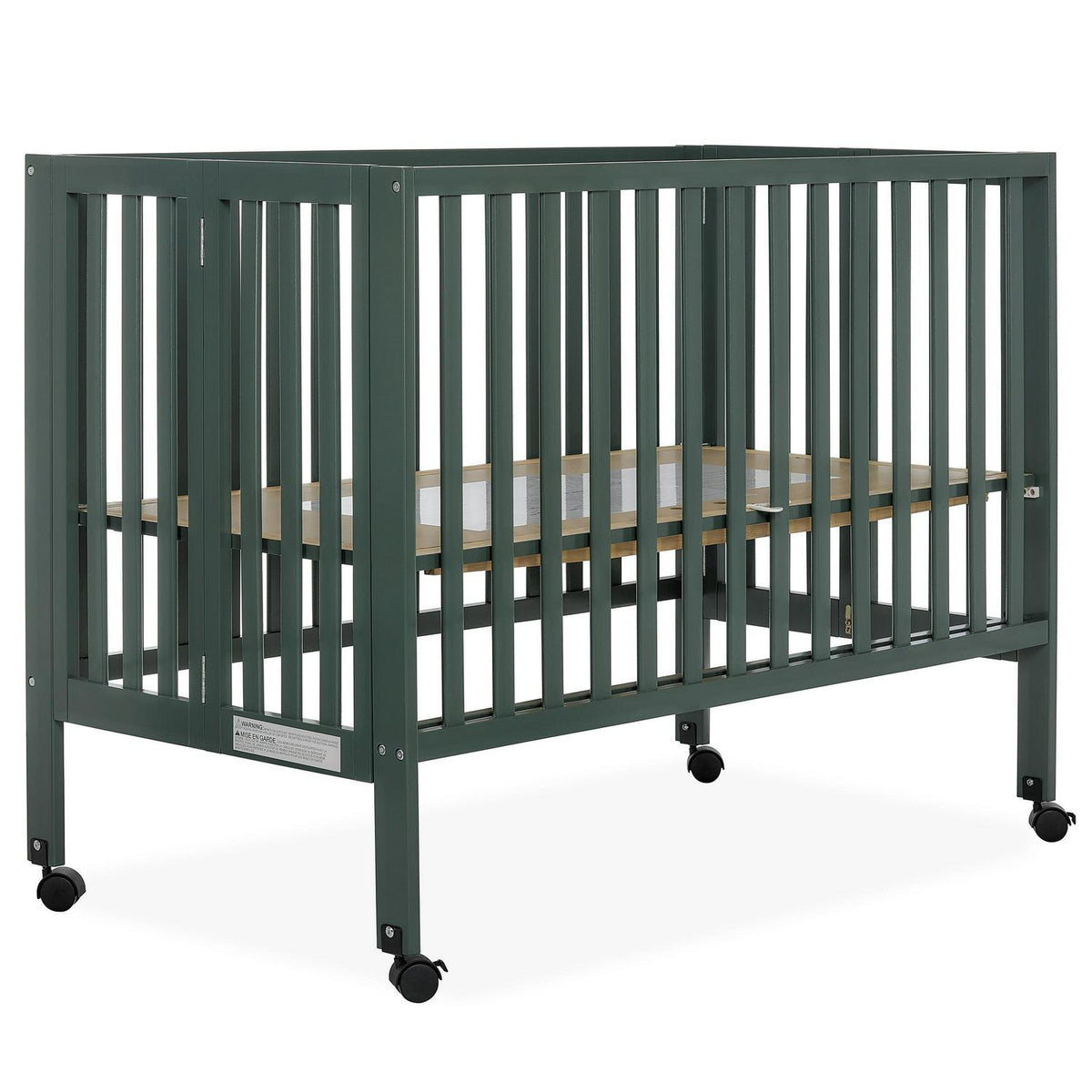 Dream On Me Quinn Full-Size Folding Crib. Removable Wheels. Modern Nursey. Adjustable Mattress Support. Patent Folding System in Olive