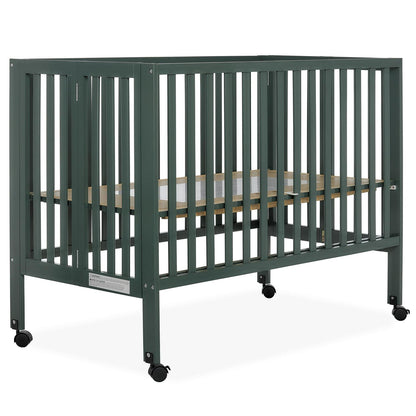 Dream On Me Quinn Full-Size Folding Crib. Removable Wheels. Modern Nursey. Adjustable Mattress Support. Patent Folding System in Olive
