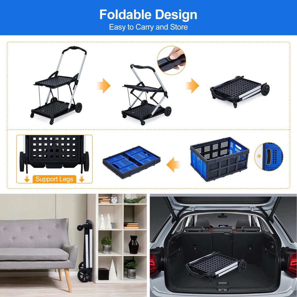 Collapsible Utility Cart, Multi Use Functional Collapsible Shopping Carts, 2-Tier Collapsible Shopping Cart with Storage Crates, Heavy Duty Utility Cart Folding Trolley for Shopping, Picnic and Office