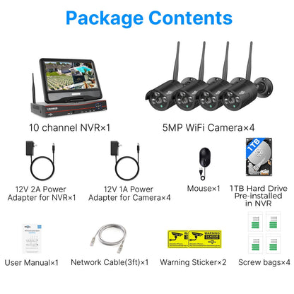 Hiseeu Security Camera System with 10.1'' Monitor 10CH 1TB Hard Drive NVR, Wireless Wifi Cameras for Recording and Remote View, Home Security Camera System