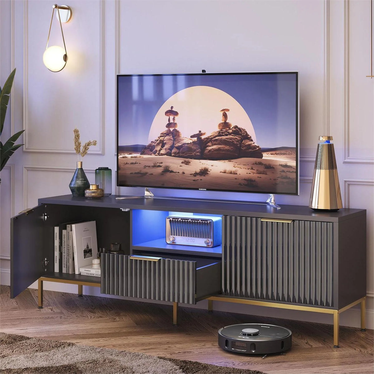 Bestier 55" LED TV Stand for TVs up to 60" Modern High Gloss Entertainment Center with Drawers Cabinets Fluted TV Console, White & Gold