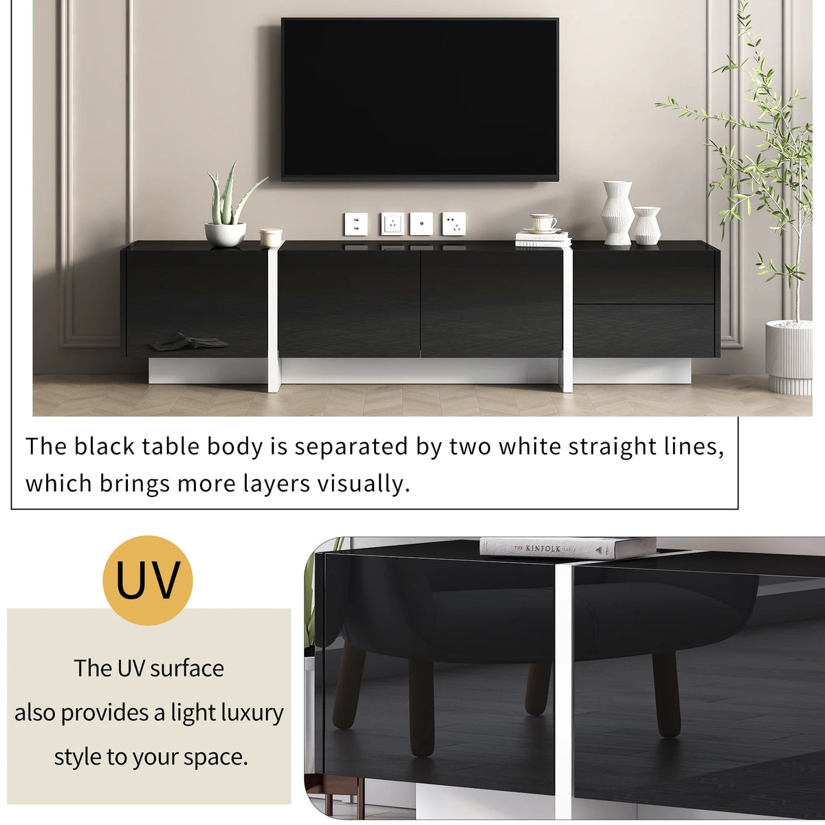 EUROCO Mid-Century Modern TV Stand Up to 80" Contemporary Rectangle ,Unique Style TV Console Table with Cabinet&High Gloss UV Surface for Living Room Bedroom