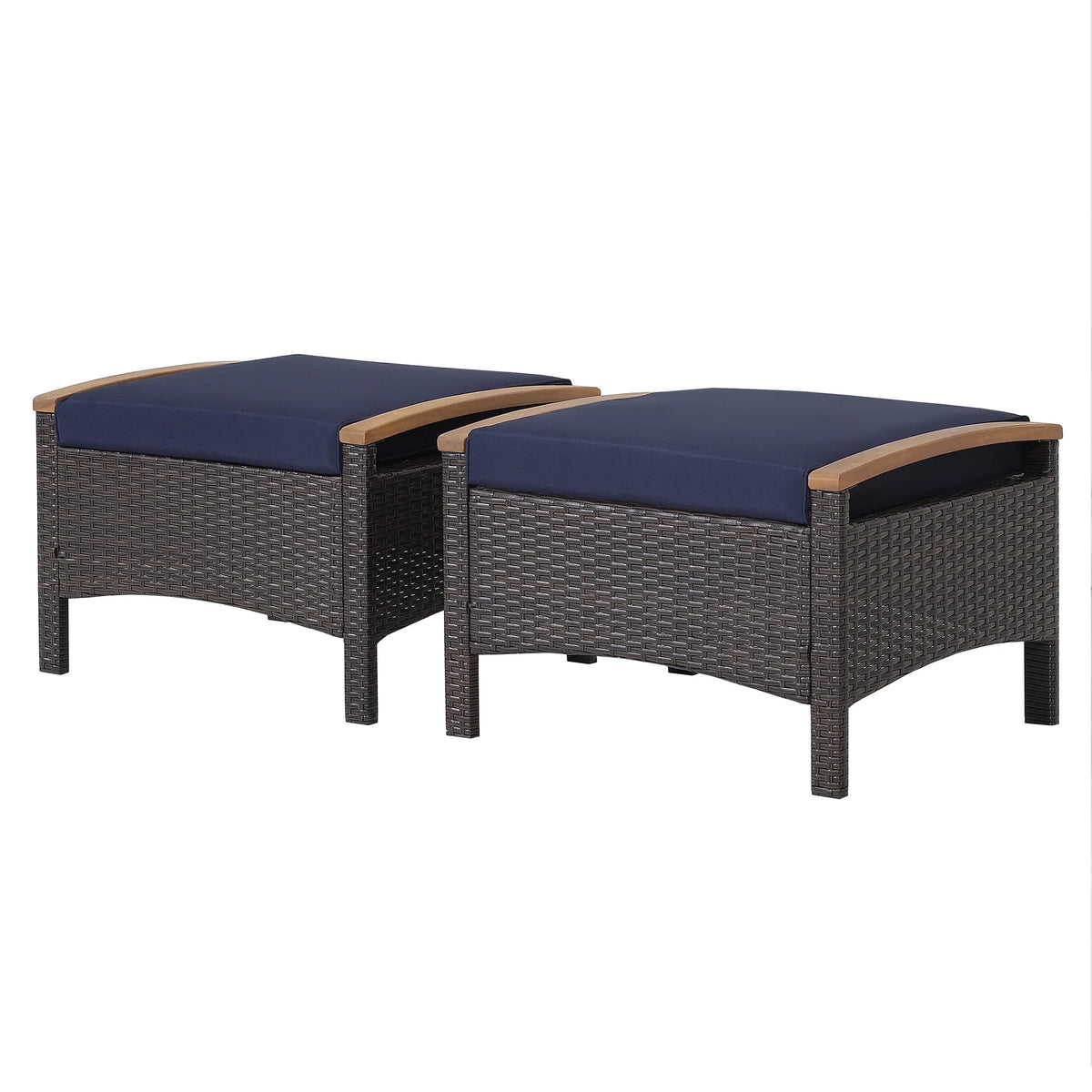 Costway Set of 2 Patio Rattan Ottoman Footrest Cushions Wooden Handle Beige