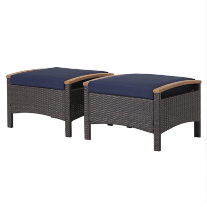 Costway Set of 2 Patio Rattan Ottoman Footrest Cushions Wooden Handle Beige
