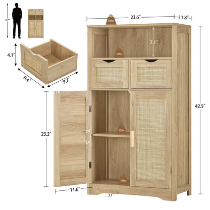 FANGSUM Rattan Storage Cabinet with 2 Drawers & 2 Shelves, Floor Cabinet for Living Room
