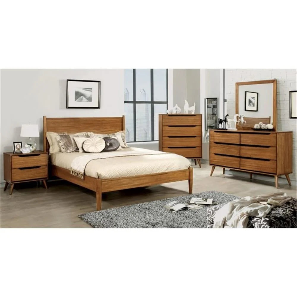 Allora Mid-Century Solid Wood Queen Platform Bed in Oak