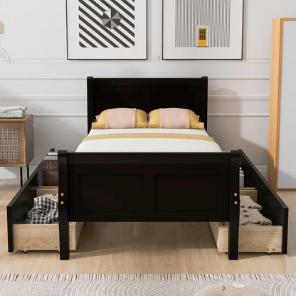 Full Size Wood Platform Bed with 4 Drawers,Storage Bed Frame with Streamlined Headboard and Footboard for Kids, Teens, Boys, Girls,Wooden Slats Support, No Box Spring Needed,Oak
