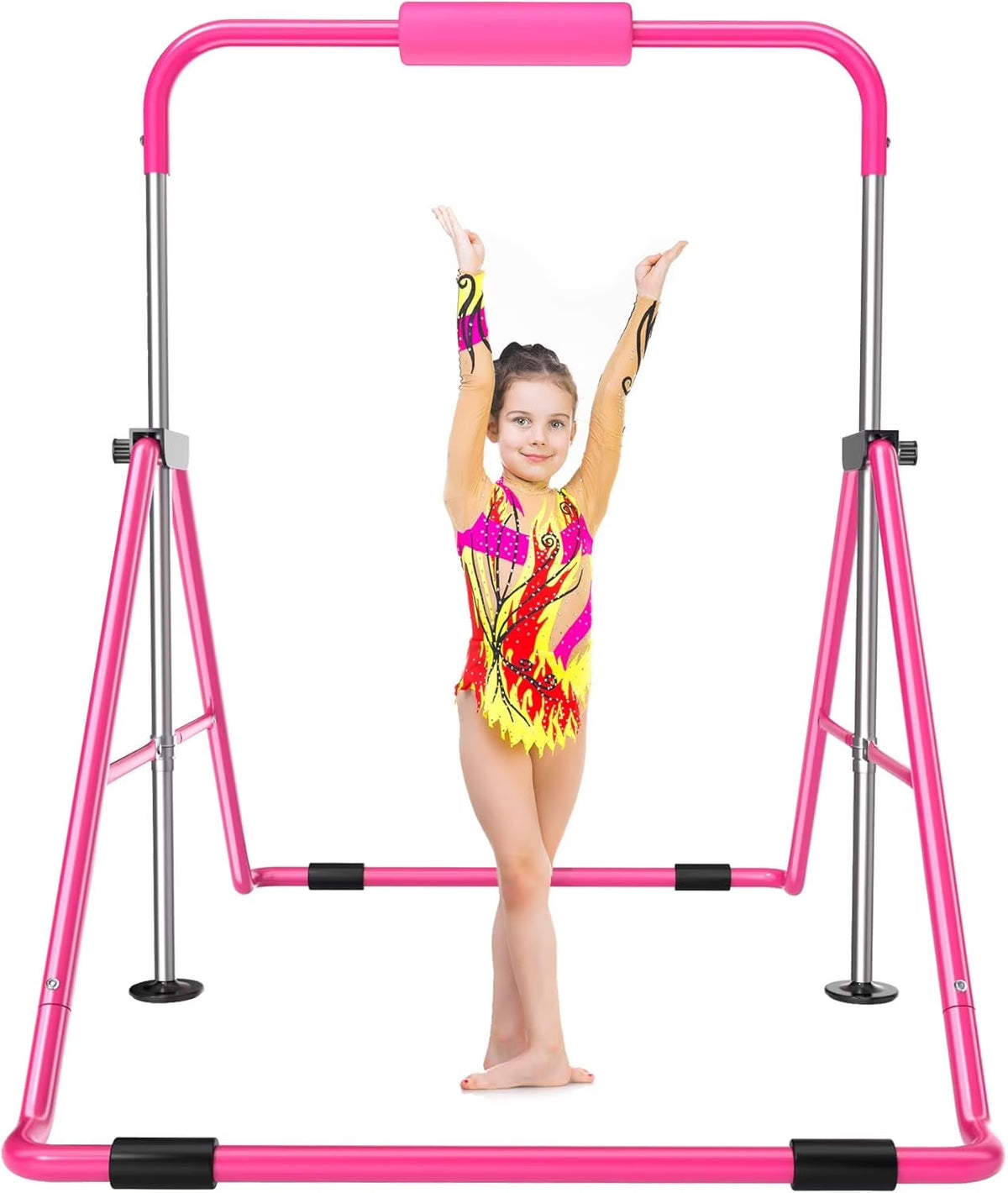 Safly Fun Gymnastics Bar with Mat for Kids, Height Adjustable Junior Training Bar Mat for Home, Folding Gymnastic Horizontal Bars Equipment (Pink+Mat)