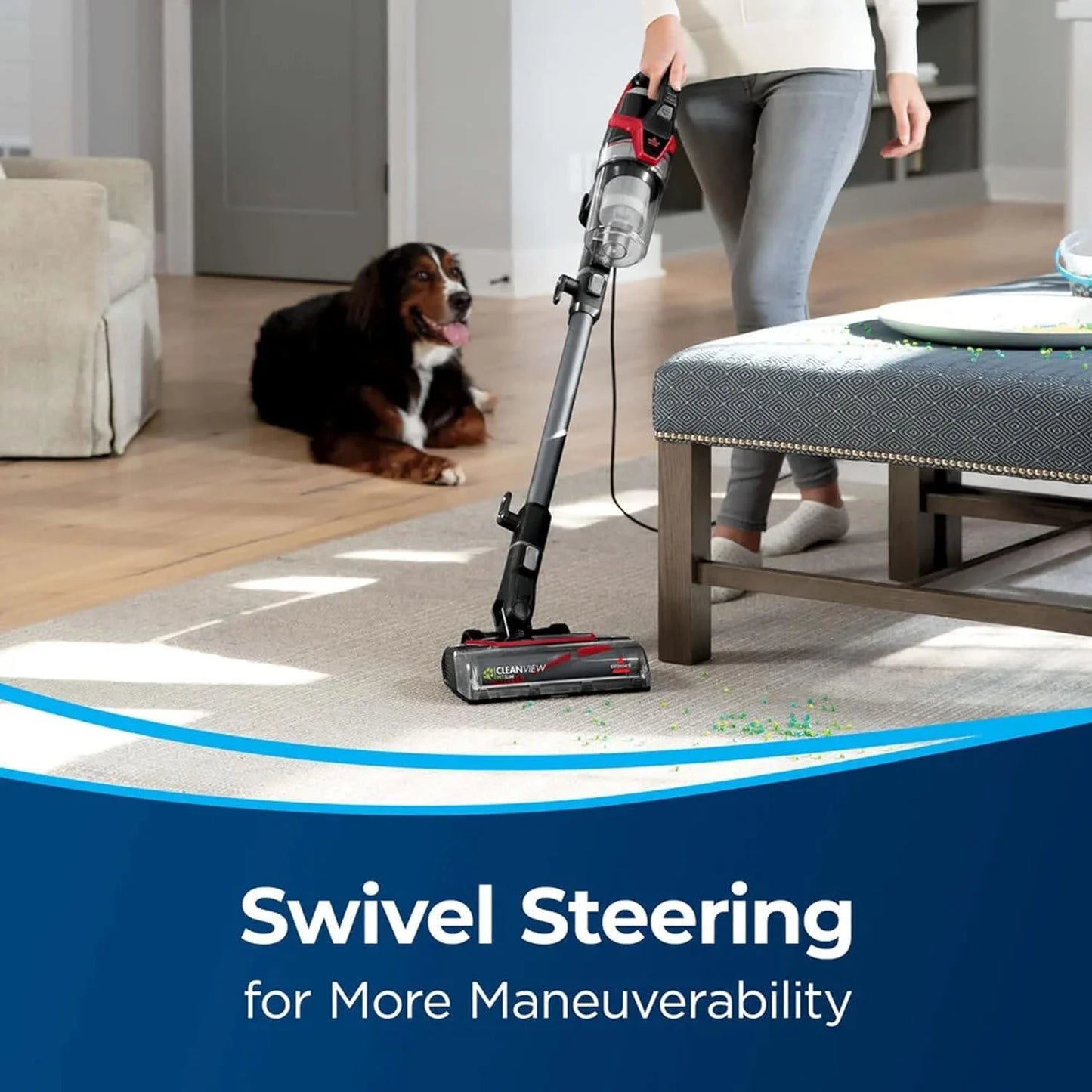 BISSELL Pet Hair Eraser Slim Corded Stick Vacuum, Carpet, Area Rugs, Hard Floor, Upholstery, Lightweight, Swivel Steering, Tangle-Free Brish Roll, 3875, Black
