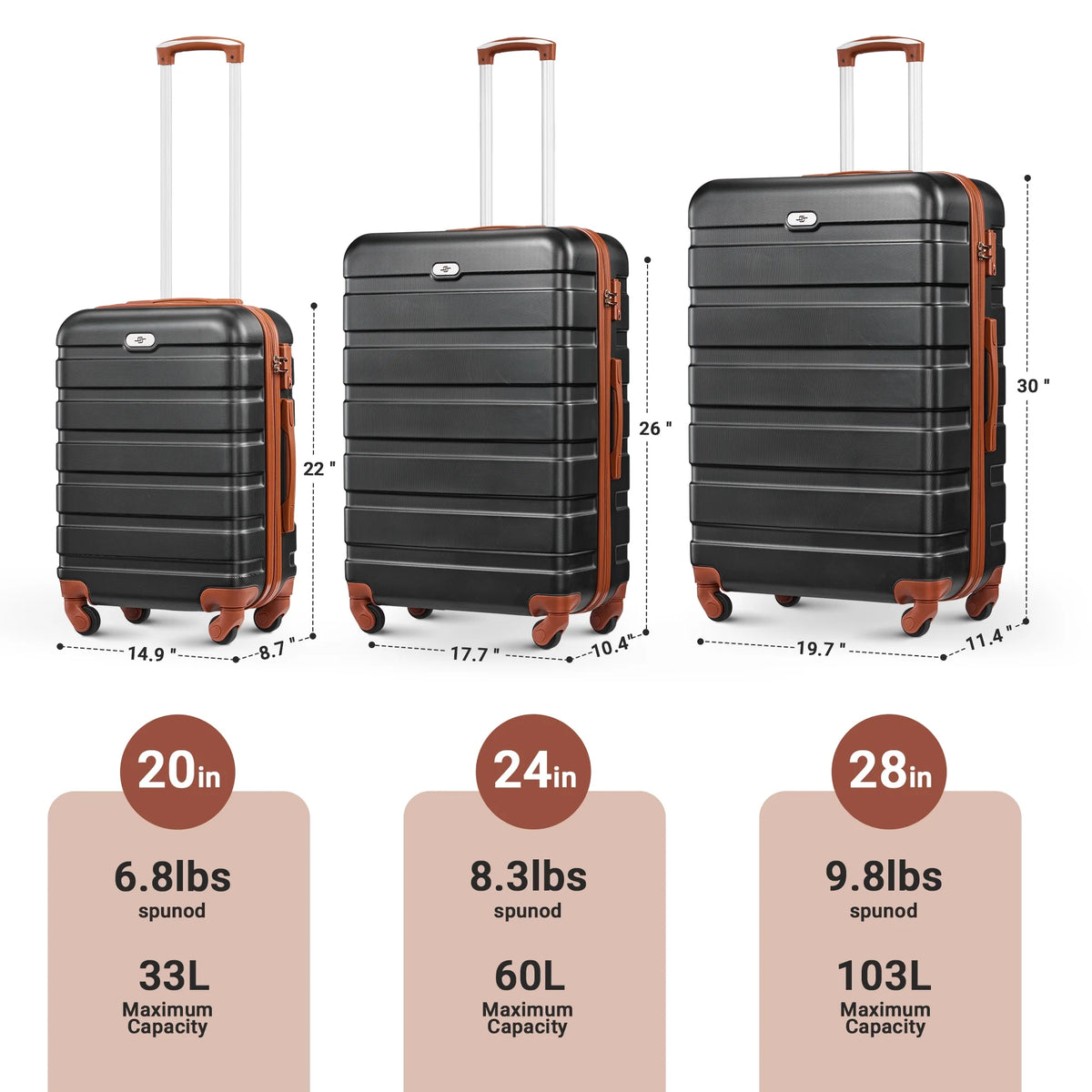 3 Piece Luggage Sets Hard Shell Suitcase Set with Spinner Wheels for Travel Trips Business 20" 24" 28", Rose Gold