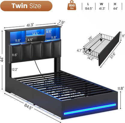 AOGLLATI Upholstered Platform Twin Bed with 4 Storage Drawers & Charging Station & LED Lights, Black
