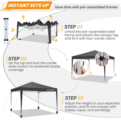 SANOPY 10'x10' EZ Pop Up Canopy Tent Outdoor Party Instant Shelter Portable Folding Beach Canopy with 4 Sandbag & Carrying Bag, Black