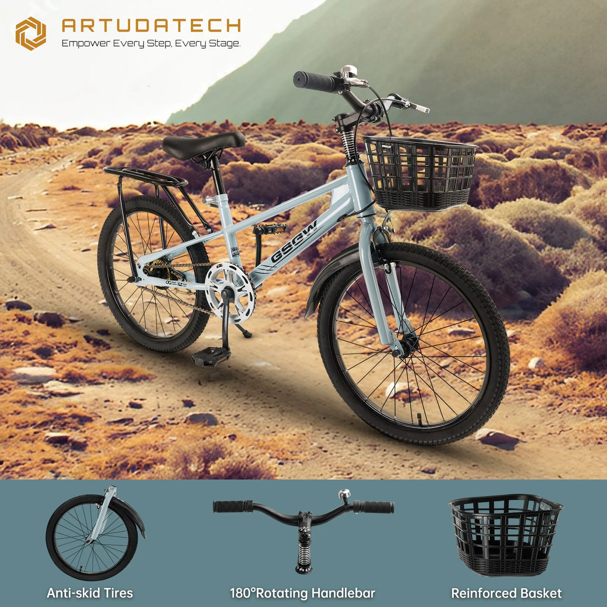 ARTUDATECH Kids Bike Girls  Boys 20 Inch Children's Bicycle with Basket for Age 6-12 Years old  with Air Pump and Bike bag