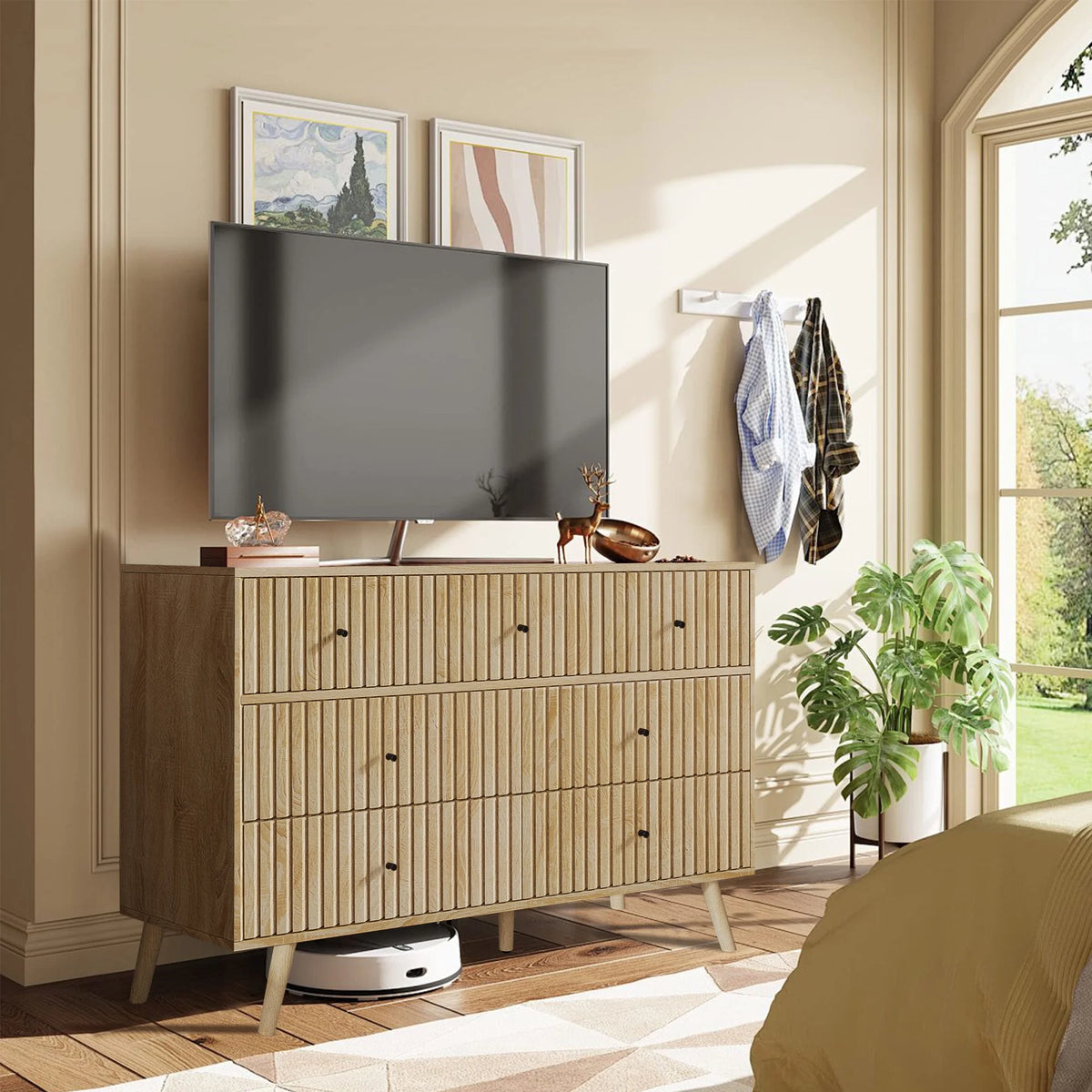 Oubayajia 7 Drawer Double Dresser, Fluted Chest of Drawers, Wood Storage Cabinet for Bedroom, Living Room, Hallway, Walnut
