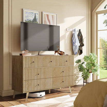 Oubayajia 7 Drawer Double Dresser, Fluted Chest of Drawers, Wood Storage Cabinet for Bedroom, Living Room, Hallway, Walnut