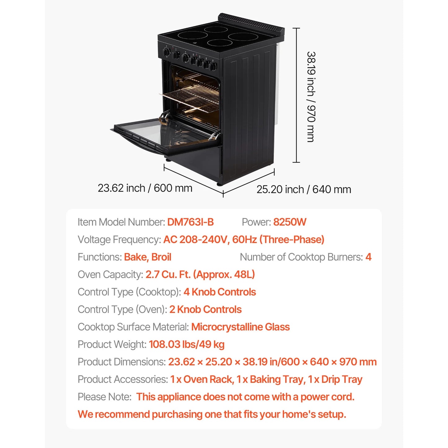 KFFKFF 24-inch Electric Range Oven, 2.7 Cu. Ft. Compact Freestanding Design, Stainless Steel Finish, Features 4 Burners, Adjustable Racks, Storage Drawer, Drip Pan, and Indicator Light, Black