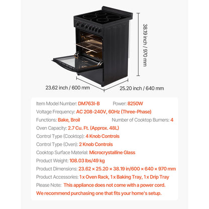 KFFKFF 24-inch Electric Range Oven, 2.7 Cu. Ft. Compact Freestanding Design, Stainless Steel Finish, Features 4 Burners, Adjustable Racks, Storage Drawer, Drip Pan, and Indicator Light, Black