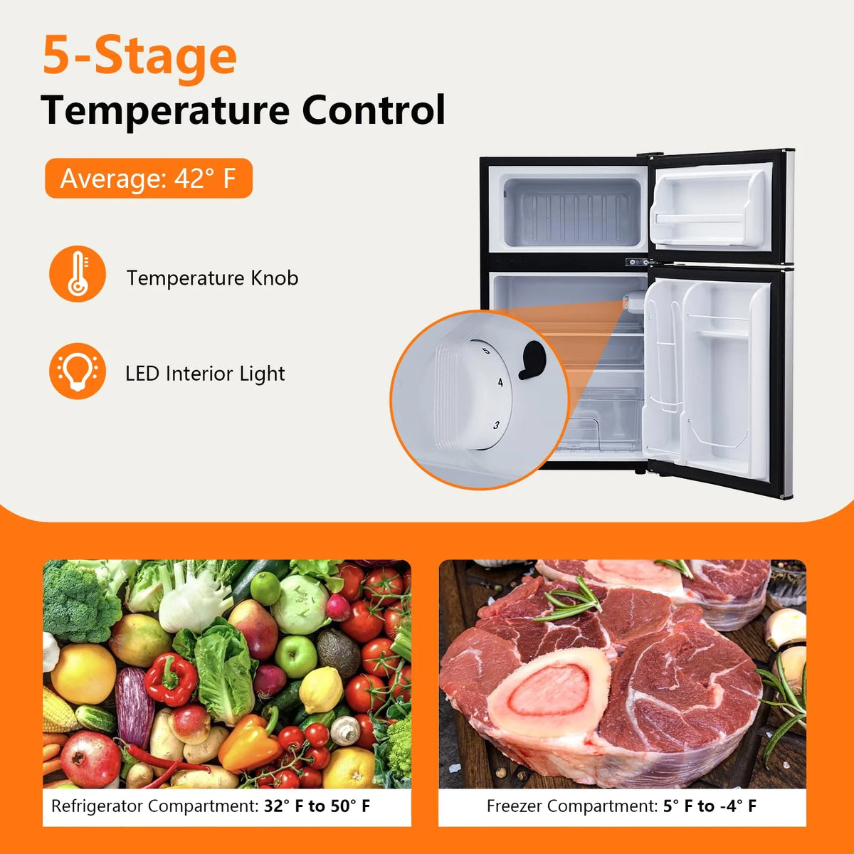 3.2 Cu. Ft Mini Fridge with Freezer, Small Refrigerators Double Door Stainless Steel, 5 Adjustable Thermostat Settings, Compact Internal Freezer with Crisper Drawer for Apartment Dorm, Silver