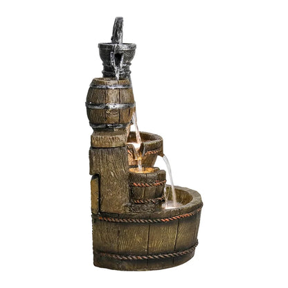 Outdoor Floor Rustic 5-Tiered Barrel and Pump Water Fountain for Garden and Patio Decor