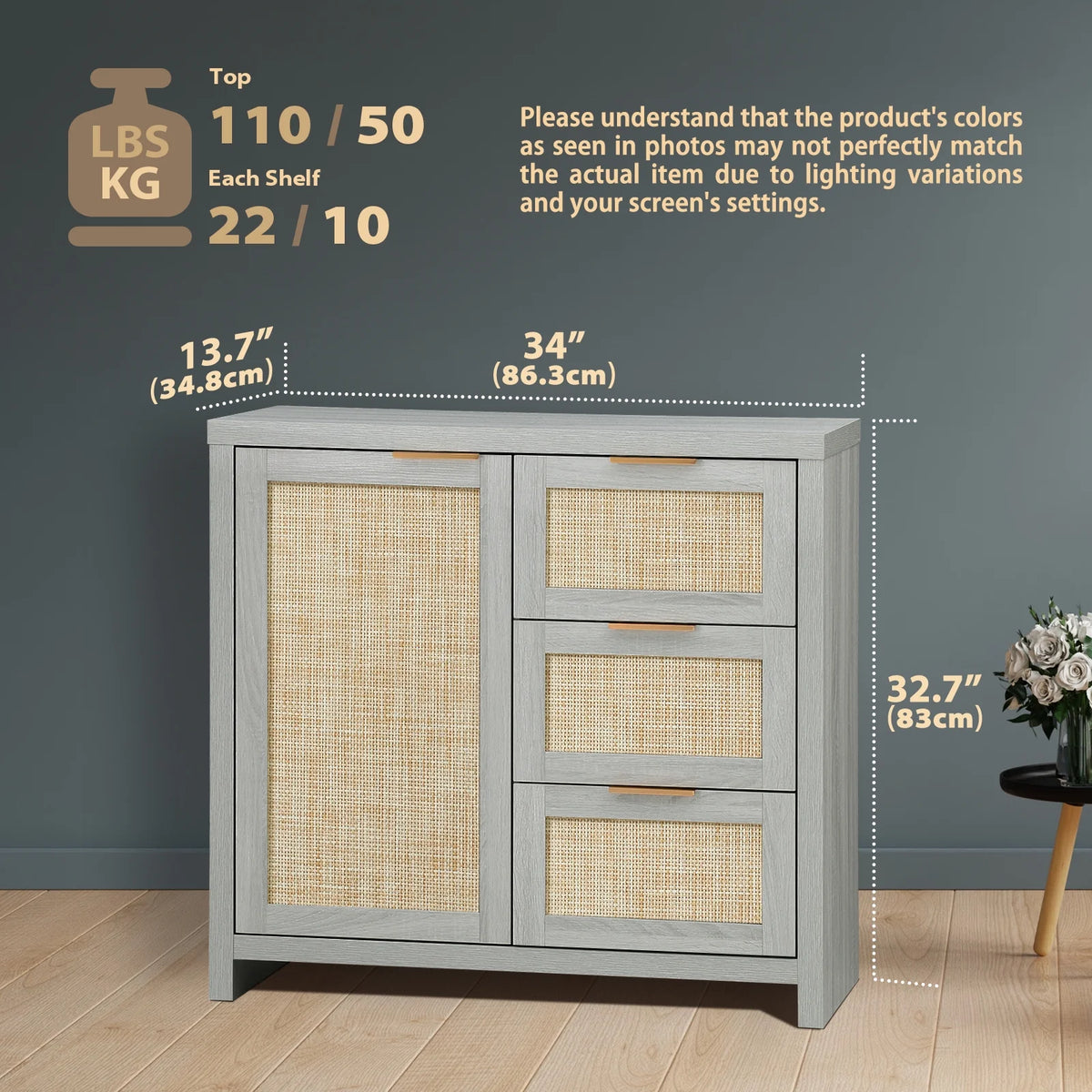 ARKANTOS Sideboards and Buffets, Boho Storage Cabinets with Rattan Doors and Drawers, Natural Oak