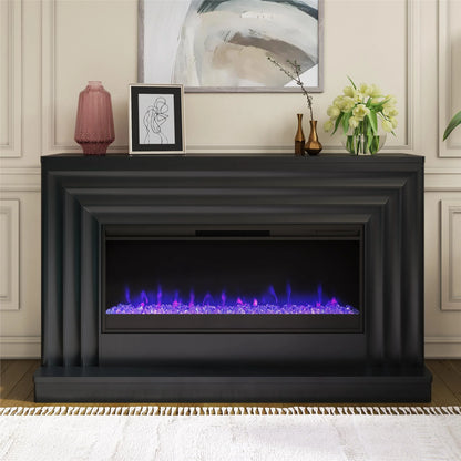 CosmoLiving by Cosmopolitan Rene Electric Fireplace Mantel 65" TV Stand with Multi-Color Flame and Crystal Ember Bed, Black