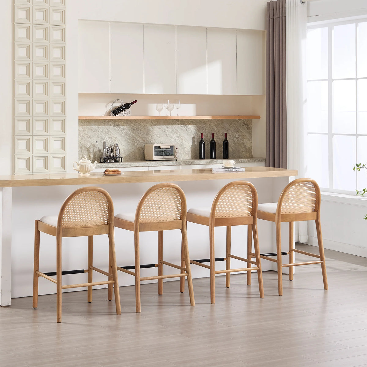 Guyou Modern Bar Stools Set of 2, 26" Counter Height Bar Stools with Natural Rattan Back and Solid Wood Frame, Sherpa Upholstered Kitchen Island Chairs for Bar Island Cafe Kitchen, Black