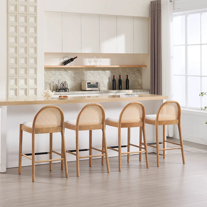 Guyou Modern Bar Stools Set of 2, 26" Counter Height Bar Stools with Natural Rattan Back and Solid Wood Frame, Sherpa Upholstered Kitchen Island Chairs for Bar Island Cafe Kitchen, Black