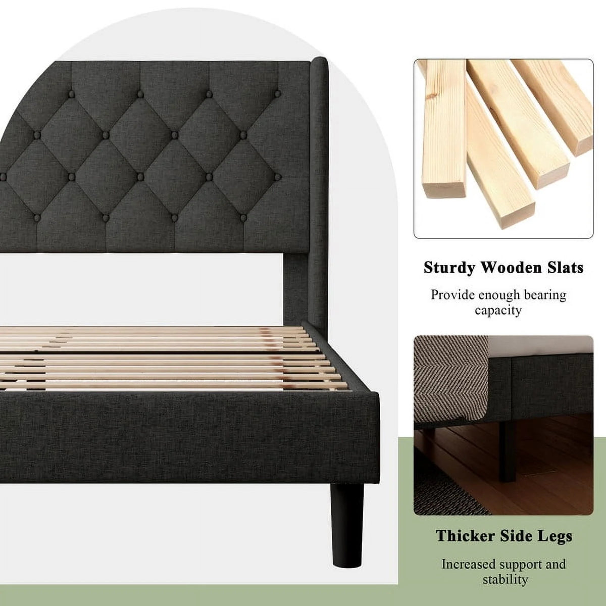 iPormis Full Size Bed Frame with Diamond Button Tufted Wingback Headboard, Upholstered Platform Bed Frame with Strong Wood Slat Support, No Box Spring Needed,Black