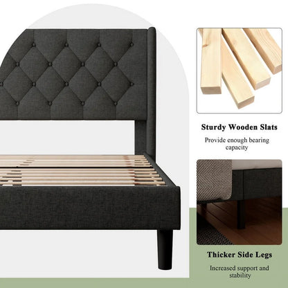 iPormis Full Size Bed Frame with Diamond Button Tufted Wingback Headboard, Upholstered Platform Bed Frame with Strong Wood Slat Support, No Box Spring Needed,Black