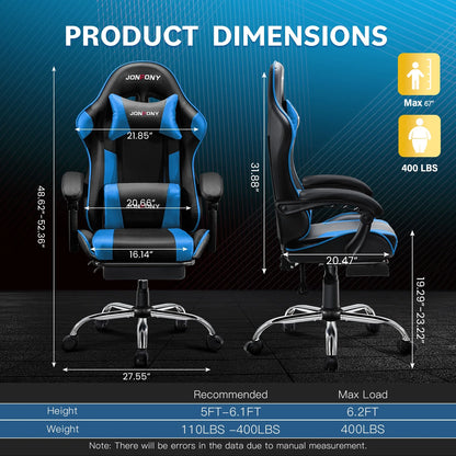 JONPONY Big and Tall Gaming Chair, Ergonomic Design, Gamer Chair PU Leather with Footrest and Lumbar Support, High Back Office Chair Support 8 Hours Long Sitting, Computer Chair,Black Grey