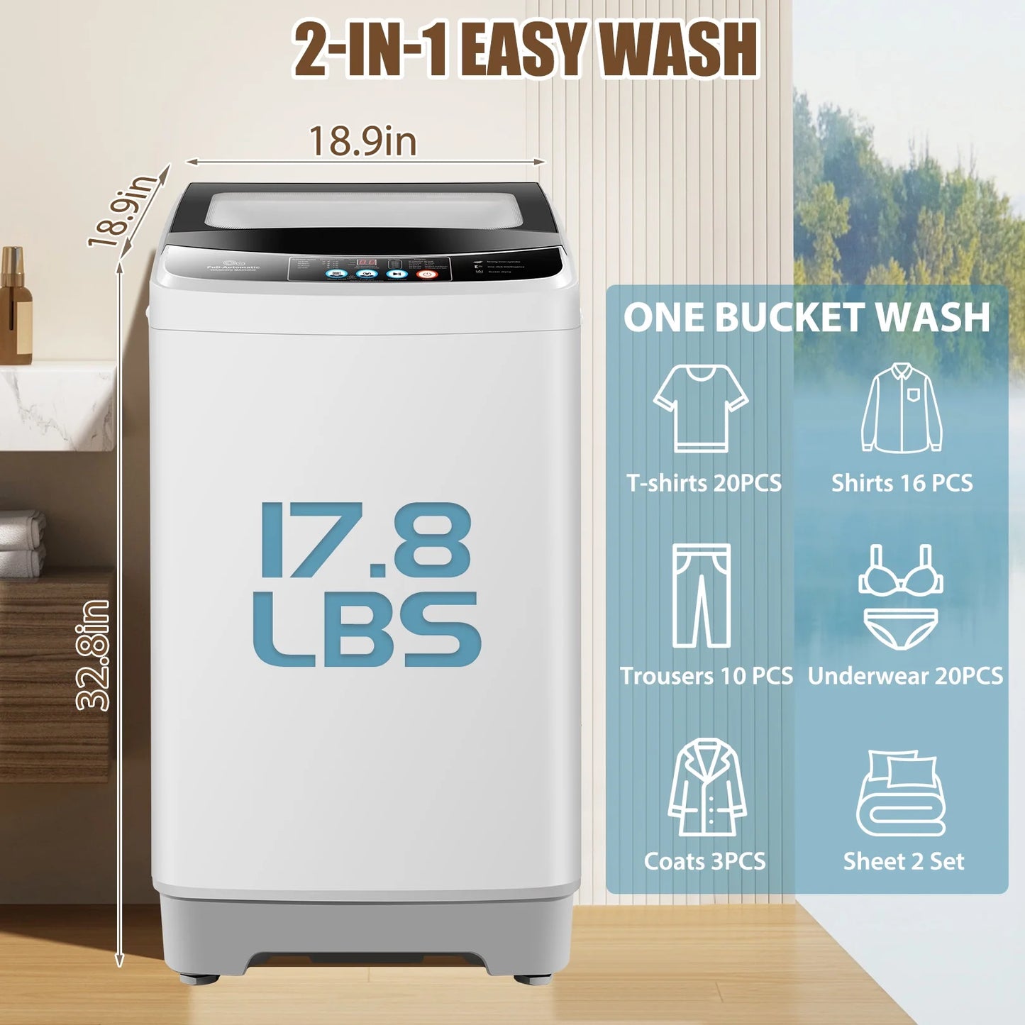 Veeboto 17.8lb Full Automatic Washing Machine, Compact Washing Machine with Drain Pump, Power Motor 20-Mins Quick Wash, LED Display, Washer and Dryer Combo Low Noise for Apartment Dorm Household