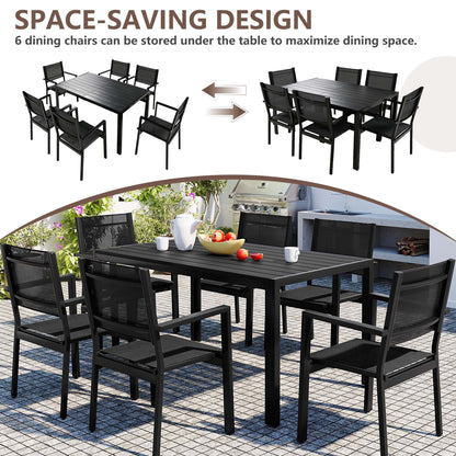 7 Piece Outdoor Dining Set, Patio Dining Table Set for 6 Persons, Garden Patio Textilene Dining Furniture Set with Plastic-Wood Tabletop, Dining Table Chairs Conversation Set for Deck Patio