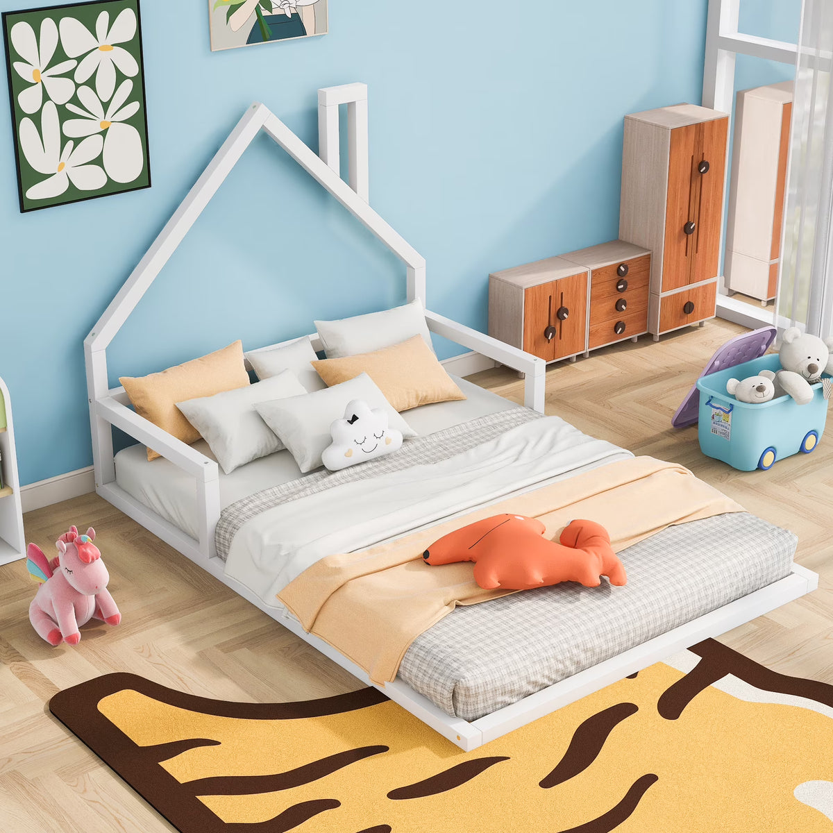 Euroco Twin Size Wood Floor Bed for Kids Room, Toddler House Bed, Natural