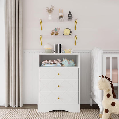 May Color Large White 3 Drawer Dresser Set of 2 with Fluted Panel, Modern Chest of Drawers with Silent Slide Drawers, Wood Accent Nightstand with Storage for Bedroom Living Room, Hallway