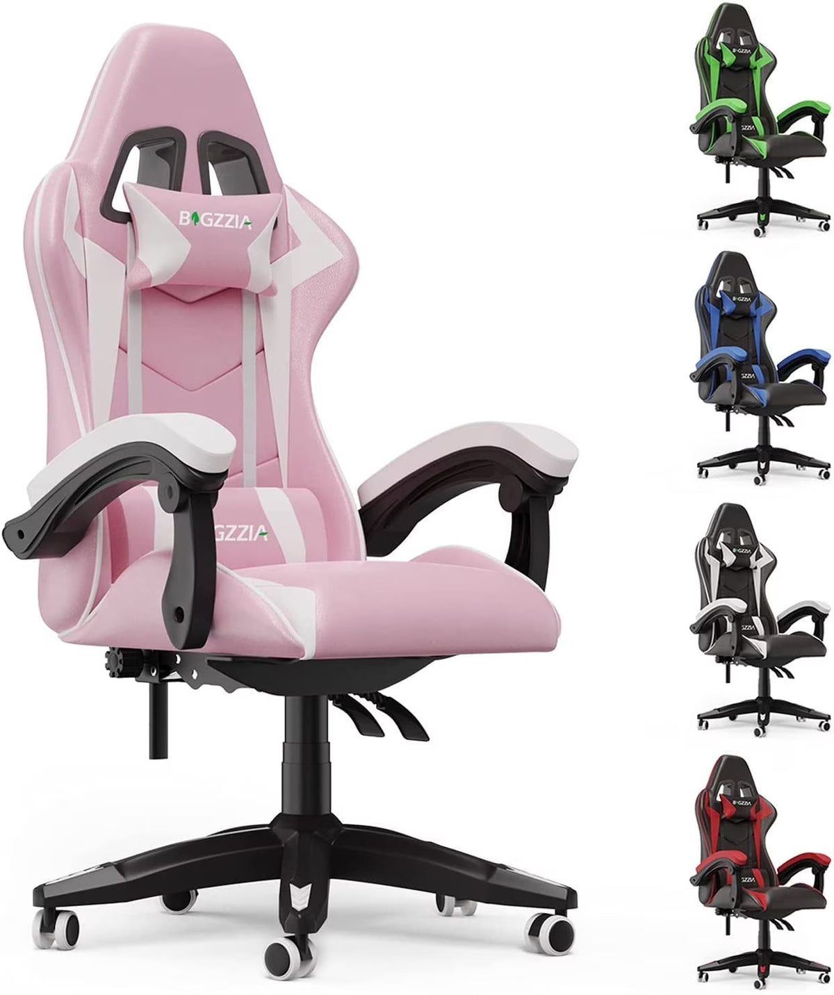 Bigzzia Gaming Chair Office Chair, Ergonomic Game Chair with Height Adjustable Headrest and Lumbar Support for Adults Teens, Black & White