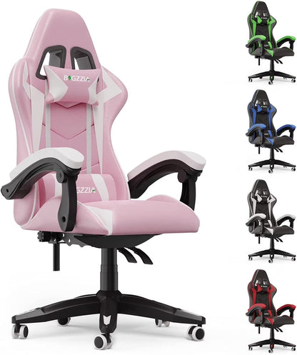 Bigzzia Gaming Chair Office Chair, Ergonomic Game Chair with Height Adjustable Headrest and Lumbar Support for Adults Teens, Black & White