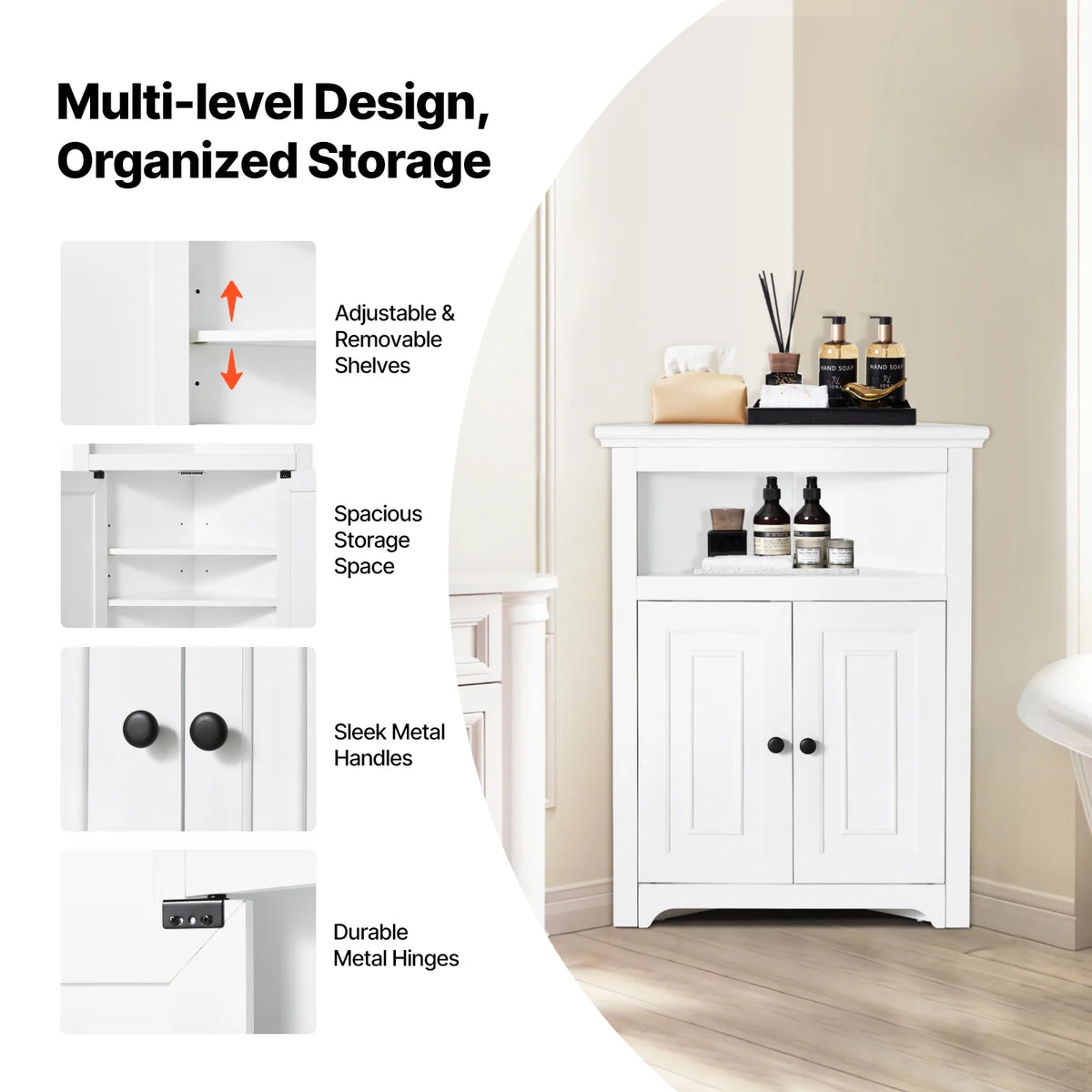 KFFKFF 32" Corner Utility Cabinet, Tri-Level Compact Storage Unit with Dual Wooden Doors & Flexible Shelving, Independent Corner Cabinet for Lounge, Kitchen, Laundry Area, Restroom, in White
