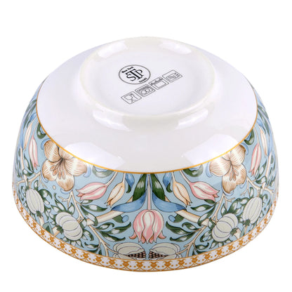 STP GOODS Melodie de Fleurs Bone China Dinnerware Set of 24 Service for 6 24-Piece Dish Set of Plates and Bowls, Blue Gold White