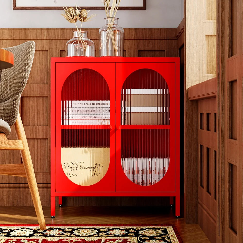 Small 2 Transparent Door Metal Storage Side Buffet Cabinet for Bed Room,Living Room,Entryway,Hallway,Home,Hotel,Office,Garage,Kitchen,1 Removable Shelf.