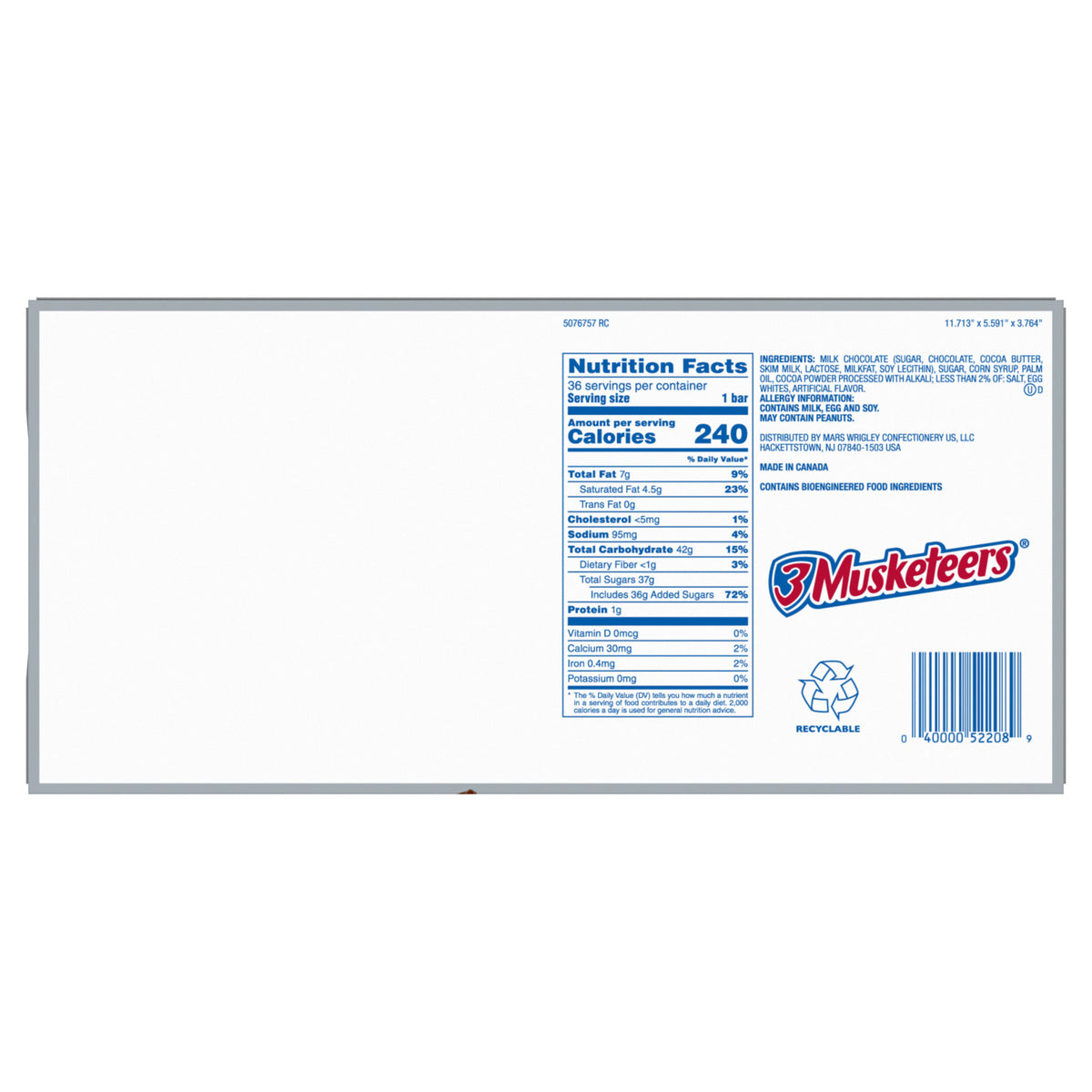 3 Musketeers Chocolate Candy Bar, Full Size, 1.92 oz, 36-count