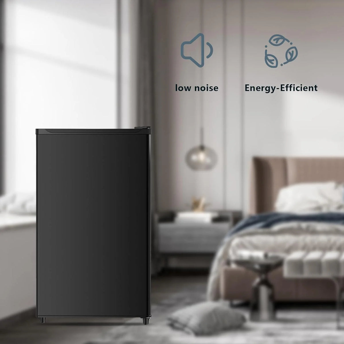 Seaoola Mini Fridge with Freezer, Single Door 4.4 Cu.Ft, Compact Mini Refrigerator, LED Light, Adjustable Thermostat, Removable Glass Shelves, Small Refrigerator for Dorm/Office/Bedroom(Black)