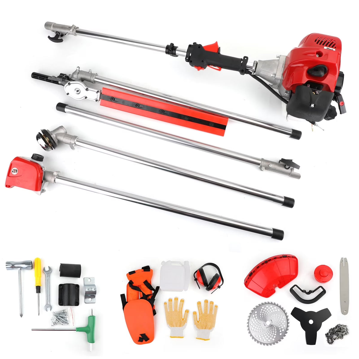 TOPTENG 52cc 2 Stroke 5 in 1 Gas Engine Multi Garden Tool, Hedge & String Trimmer, Brush Cutter, Edger, Pole Saw Chainsaw Pruner with Extension Pole, Trimming Combo Brushcutter Kit for Yard Lawn Care